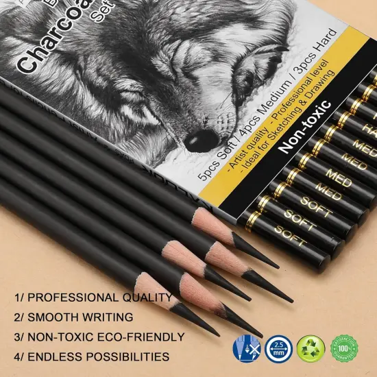 Professional Charcoal Pencils Drawing Set -12 Pieces Soft {3}