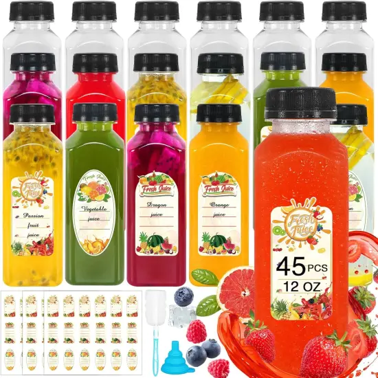 Plastic Juice Bottles with Caps 12 OZ, 45 Pcs {1}