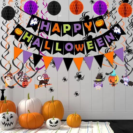 Happy Halloween Banner Paper Triangle Flag Bunting Circle Confetti Dots {3}