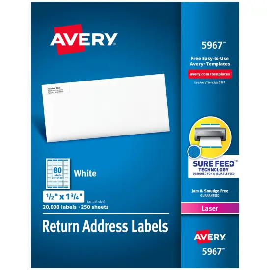 Avery Return Address Labels, Sure Feed Technology, Permanent Adhesive, 1/2" x 1-3/4", 20,000 Labels (5967) {1}