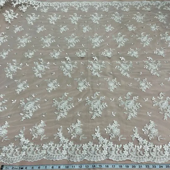 1 Yard Luxurious Beaded and Corded Bridal Lace Fabric Embroidered on 100% Polyester Net Mesh 52 inch Width Ivory/Silver {6}