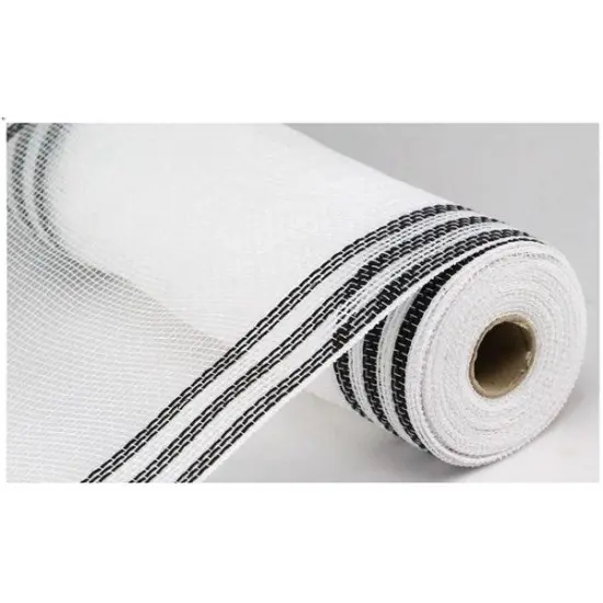 10" Border Stripe Faux Jute Mesh Ribbon: White/Black (10 Yards) {4}
