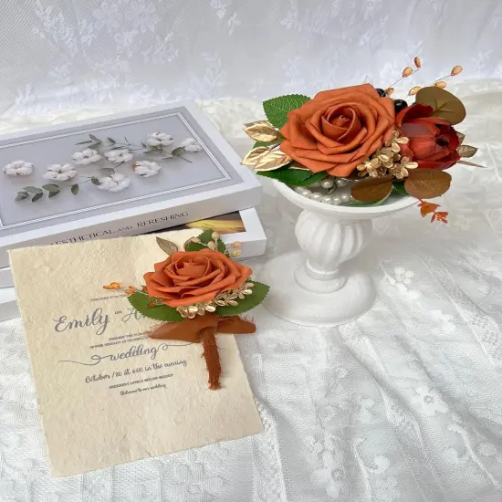Burnt Orange Handmade Artificial Rose Peony Wrist Corsage {3}