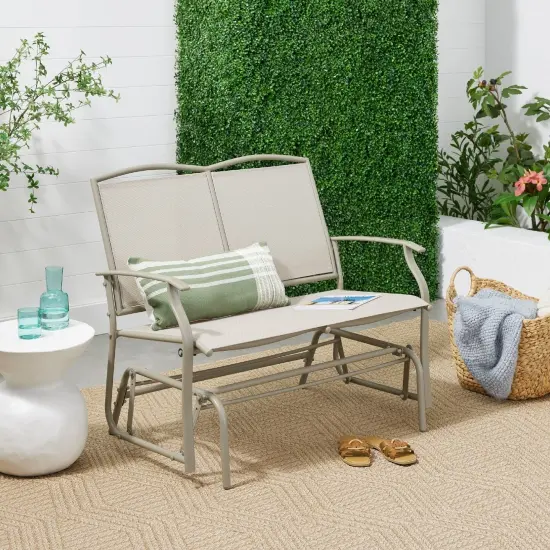2 Seat Mesh Patio Loveseat Swing Glider Rocker with Armrests Taupe {4}