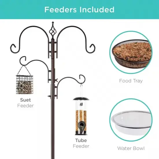 89" Metal Bird Feeder Station with Hanging Hooks and Water Bowl Seed Tray 4 Feeder Options Bronze {4}