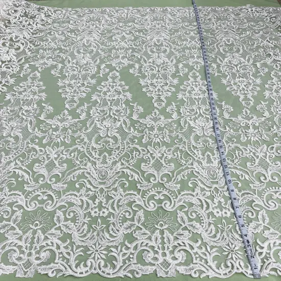 1 Yard White Corded Bridal Lace Fabric, Embroidered Polyester Mesh, 53" Wide, Elegant Wedding Fabrication {4}