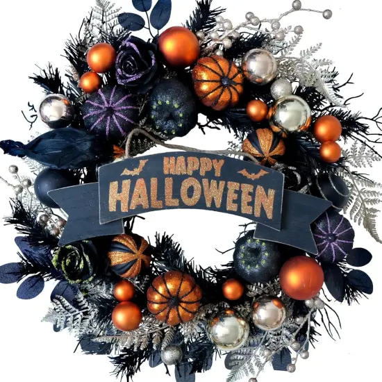 Halloween Glitter Pumpkin Wreath with Balls & Berries, Black Roses {1}