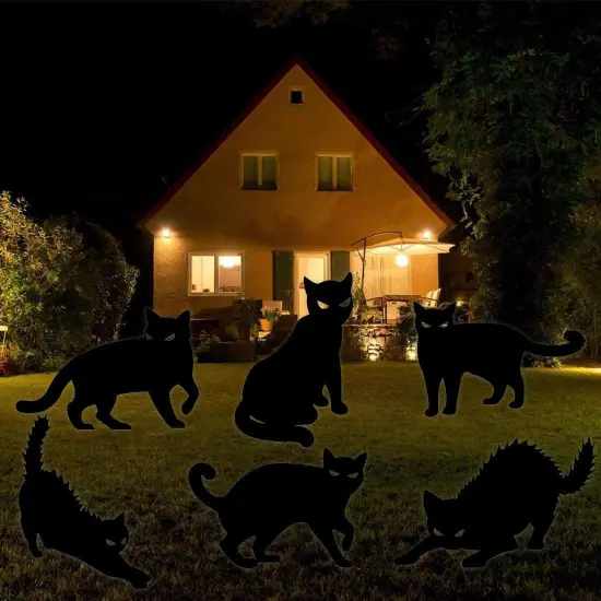 6Pack Halloween Black Cat Decorations Signs with Stakes Glow in the Dark Eyes {3}