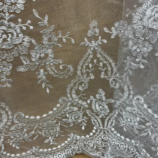1 Yard Elegant Corded Bridal Lace Fabric Embroidered on 100% Polyester Net Mesh 52" Width Silver Metallic {7}