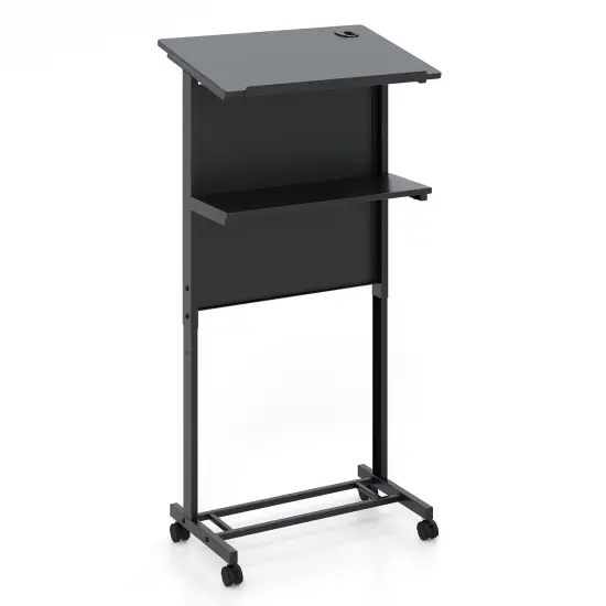 3-Position Black Height Adjustable Lectern Table with Tilted Tabletop and Built-In Cable Hole {1}