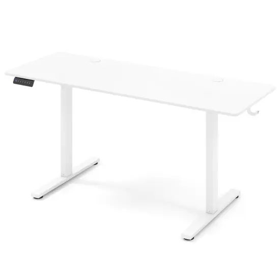 White Electric Standing Desk with 3 Memory Heights and 2 Hanging Hooks and Cable Holes {1}