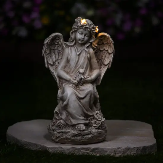 Northlight LED Lighted Angel With Rabbit Outdoor Garden Statue - 12" Beige {4}