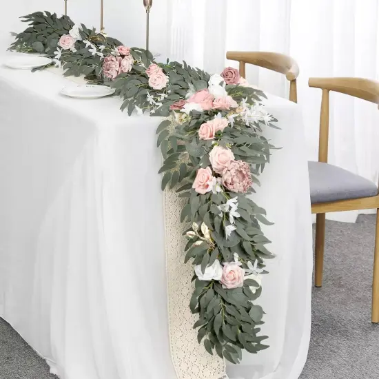 Pink Flower Garland 5.9ft Faux Eucalyptus and Rose Garland with Flowers for Wedding Centerpiece Table Decorations Flower Table Runner Sweetheart Table Decor（Blush Pink） {2}