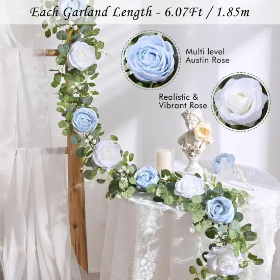 6.07FT Artificial Eucalyptus Garland with Flowers, Fake Rose Gypsophila Floral Garland, Greenery Garland Floral Vines for Wedding Table Backdrop Party Centerpiece Room Decor (Blue) {2}