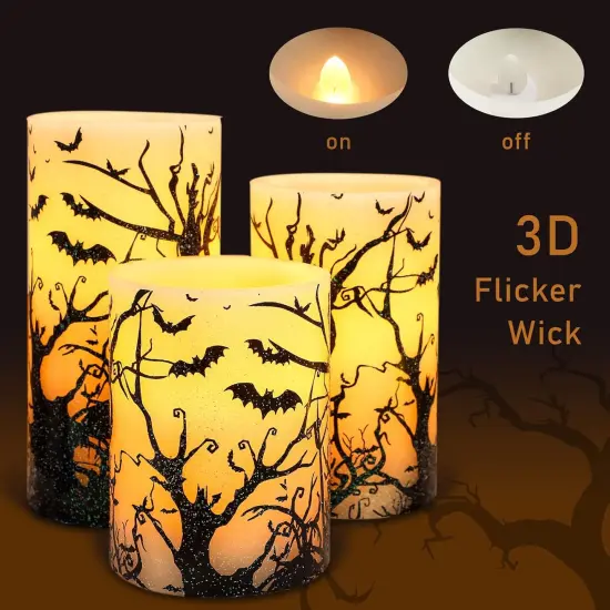 Halloween Decor Flameless Candles Set of 3 Black Spooky Bats {4}