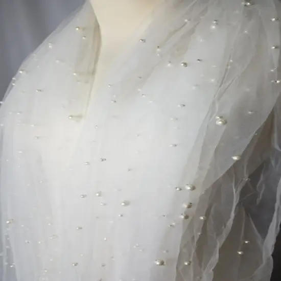 1 Yard White Pearl Mesh Lace Fabric Bridal Wedding Dress Sequin Beaded French Tulle 150 cm {4}