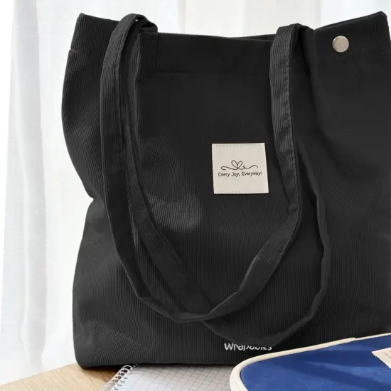 Wrapables Corduroy Tote Bag, Casual Everyday Shoulder Handbag, Black {4}