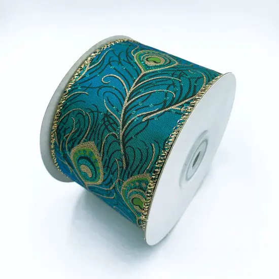 Designer's Shop WR 63-5083 Peacock Green Gold edge 2.5" wired edge ribbon 10 yard spooled {3}