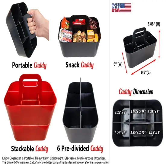 Enjoy Organizer Small Stackable and Portable Simple 6-Compartment Art Caddy - Made In USA Red {2}