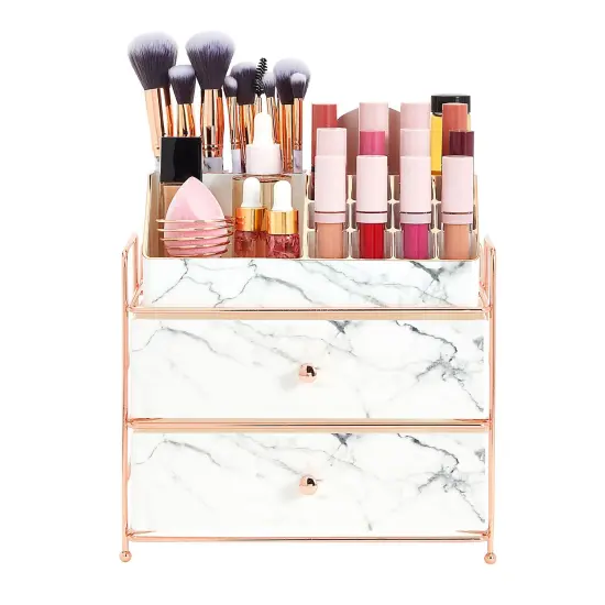 White Marble Makeup Organizer with Rose Gold Trim, Cosmetic Storage Drawers for Vanity (9.5 x 9.5 x 5.5 in) {2}