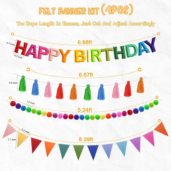 4PCS Pre-Strung Happy Birthday Banner - Felt Happy Birthday Garland, Ball Garland, Felt Pennant Flag, Colorful Thread Tassel Rainbow Party Decorations for Women Men Kids {4}
