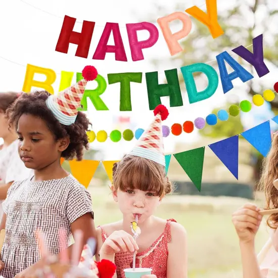 Pre-Strung 3D Happy Birthday Banner, 3 PCS Rainbow Happy Birthday Felt Garland, Pom Pom Garland, Triangle Fabric Garland Bunting, Reusable Rainbow Birthday Decorations {4}