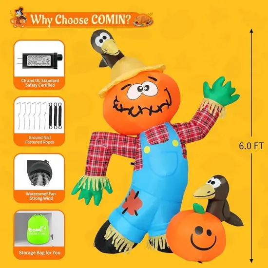 GOOSH 6 FT Thanksgiving Inflatable Decorations Crow Fall Harvest Pumpkin Scarecrow with Built-in LED Lights {5}