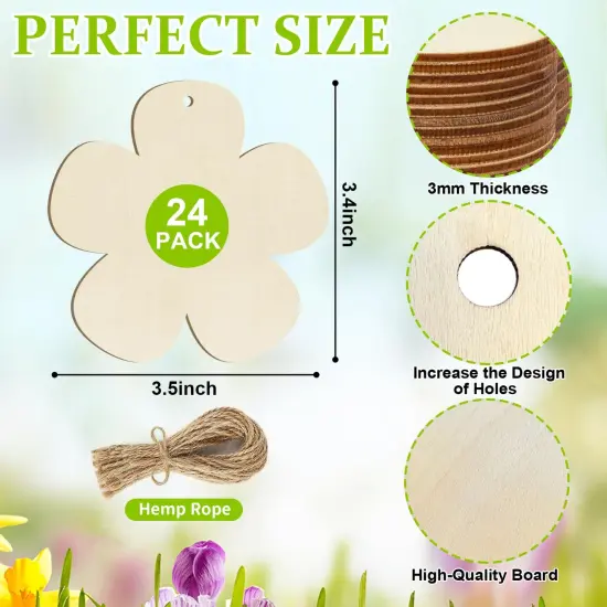Wooden Flower Ornaments to Paint Spring Decoration Cutouts Unfinished 24PCS 3.5 x 3 inches, DIY Blank Unfinished Pumpkin Wood Discs Ornament for Home Crafts Hanging Easter St.Patricks Day Decoration {2}