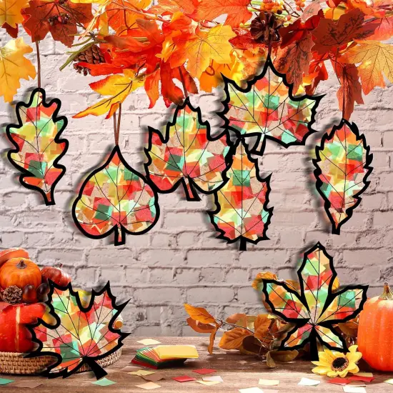32 Pcs Fall Suncatchers Paper Craft Set DIY Maple Leaf Shaped {2}