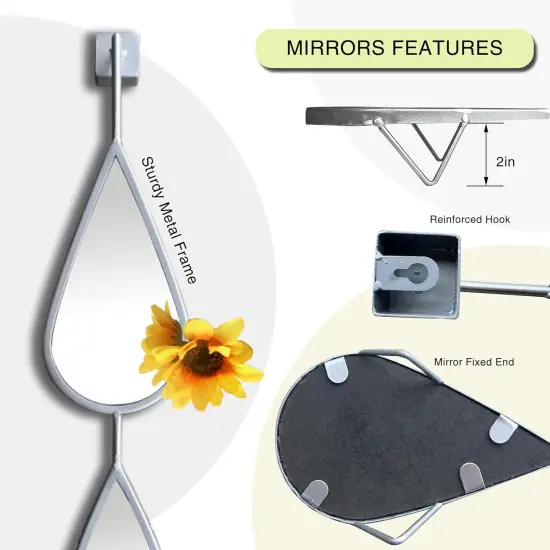 Wall Mirror Silver Decor Tear Drop Shape Metal Frame {3}