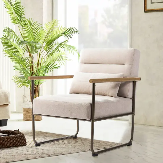 33.25"H Mid-Century Modern Beige Fabric Accent Arm Chair with Metal Frame {8}
