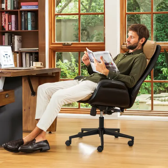 Mid-Century Modern Two-tone color Leatherette Adjustable Swivel High Back Office Chairs Black & camel {7}