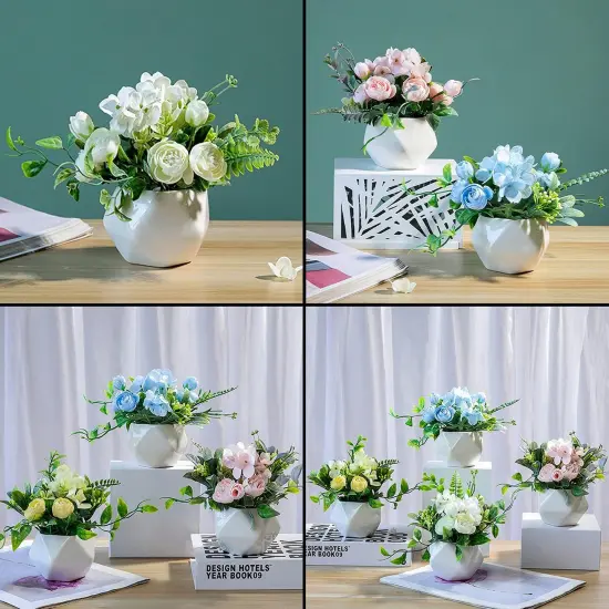 Set of 4 Mini Artificial Camellia Flowers in Ceramic Pots &ndash; Faux Floral D&eacute;cor for Home & Office {5}