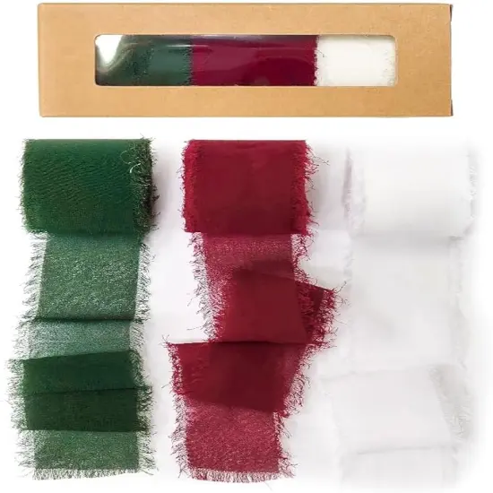 Frayed Chiffon Silk Ribbon 1-1/2 inch x 7 Yards x 3 Rolls Burgundy White Dark Green Set for Christmas Home Decor Gift Wrapping DIY Crafts Wedding Invitation Bouquets {1}