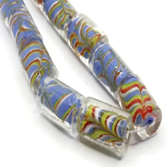 11 18mm Blue Red and Yellow Lampwork Glass Tube Beads {1}