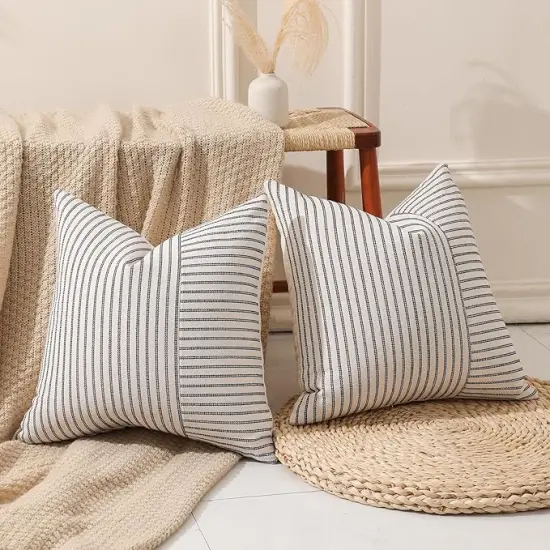Black and Beige Patchwork Farmhouse Throw Pillows Covers 18 x 18 Inch, Pack of 2 Striped Decorative Pillow Case for Sofa Couch Bed Chair Modern Boho Decor(Black) {2}