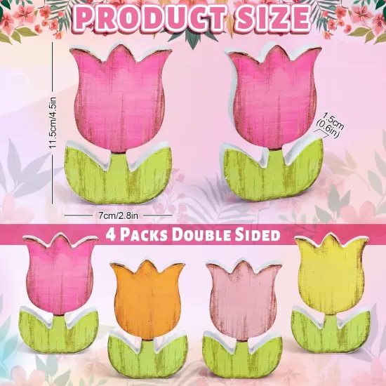 4Pcs Spring Tulips Wood Signs Rustic Farmhouse Tulip Flowers Table Decoration {2}