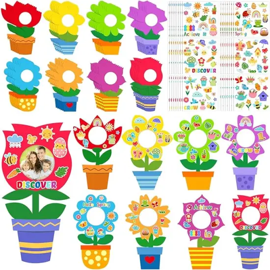 96 Pcs Spring Flower Picture Frame Crafts for Kids DIY Handprint Flower Pot Hand Keepsake Picture Frame Craft Gifts with Stickers for Spring Party Kids Classroom Home Activities {1}