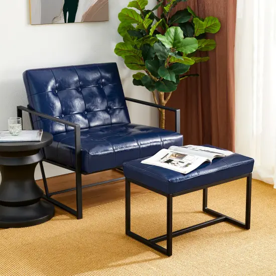 Set of 2 Modern Hunter Thick Leatherette Accent Chair & Accent Stool Blue {2}
