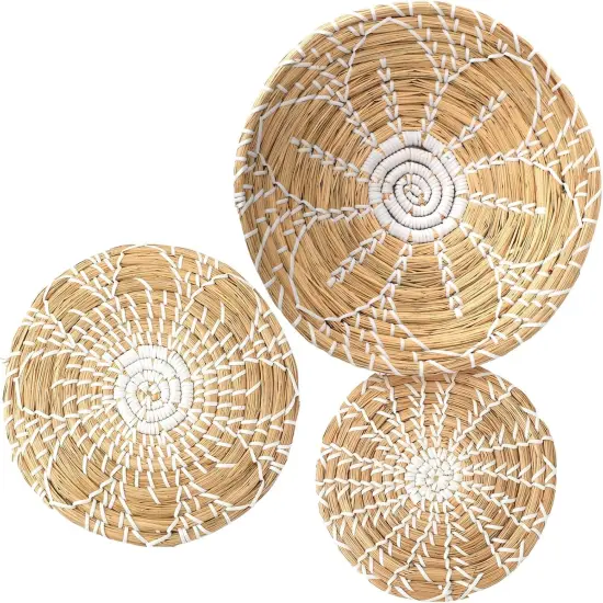 Boho Wall Basket Decor Set of 3 Decorative Bulrush Woven Basket Wall Decor Set Rustic Hanging Handmade Round Woven Decoration with African Design for Living Room Bedroom Farmhouse Gift Idea(Bright) {1}