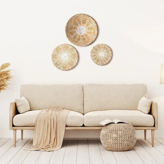 Boho Wall Basket Decor Set of 3 Decorative Bulrush Woven Basket Wall Decor Set Rustic Hanging Handmade Round Woven Decoration with African Design for Living Room Bedroom Farmhouse Gift Idea(Bright) {2}