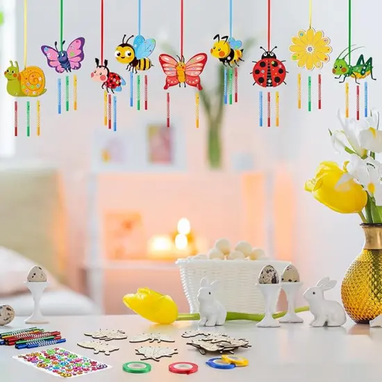 24 Sets Spring Craft Set Butterfly Bee Flower Wind Chime Kit Make Your Own Spring Gifts DIY Coloring Wooden Decoration for Spring Themed Party Supplies {2}