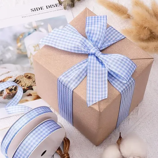 Gingham Ribbon Checkered Ribbon 1-Inch Wide Taffeta Plaid Ribbon 25 Yard Long 100% Polyester Woven Edge (Light Blue, 1 Inch) {2}