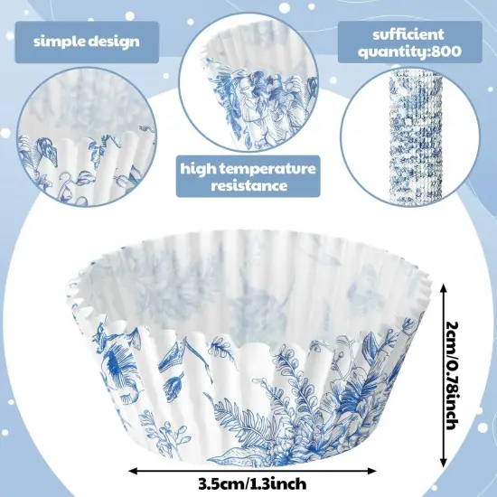 800 Pcs Blue and White Flower Cupcake Liners Flower Cupcake Wrappers Grease Proof Blue Muffin Liners Disposable Cupcake Papers Baking Cups for Baking Weddings Party (1.38 x 0.79 inch) {2}