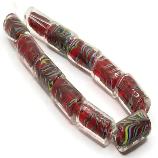 11 18mm Red with Yellow and Blue Striped Lampwork Glass Tube Beads {5}