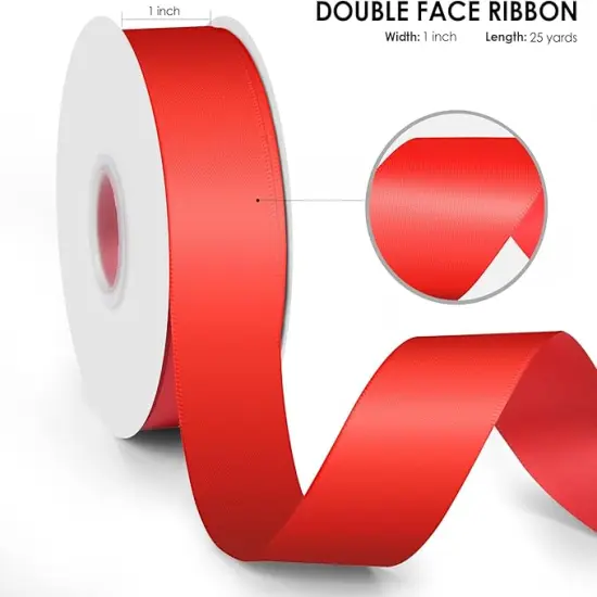 Solid Double Face Fabric Ribbon, 1" X 25 Yards, Polyester Satin Ribbons Perfect for Crafts, Gift Package Wrapping, Wedding Decorations, Baby Shower - Red {2}
