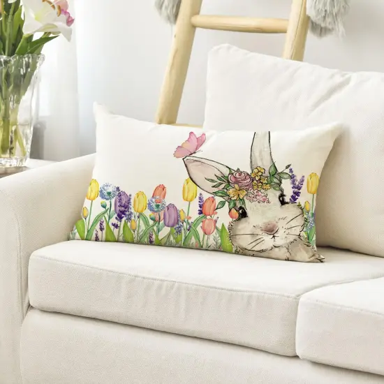 Easter Bunny Throw Pillow Cover &ndash; 12x20" Spring Rabbit Cushion Case Yellow {5}