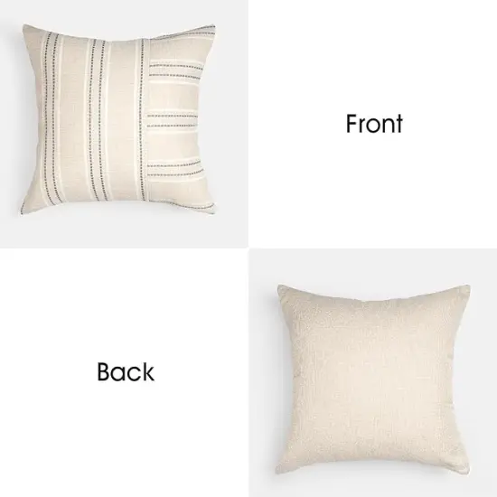 18x18 Decorative Farmhouse Linen Throw Pillow Covers, Boho Textured Pillow Case, Set of 2, Beige with White & Gray Stripe Patchwork Cushion Cover for Sofa Couch Living Room (Cover ONLY) {3}