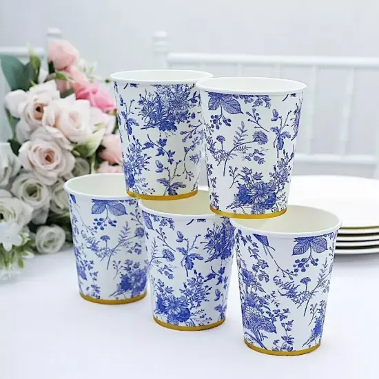 24 White 9 oz Blue Floral Design Disposable Paper Drinking CUPS Gold Rim Party {4}