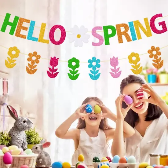 Hello Spring Banner Welcome Spring Party Decorations with Bouquet of Flowers Garland for Kids Boy Girl Celebrate Happy Spring Colorful Glitter Party Supplies {5}